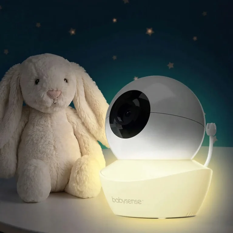 Babysense 5 HD non-WiFi video baby monitor parent unit and camera in a nursery